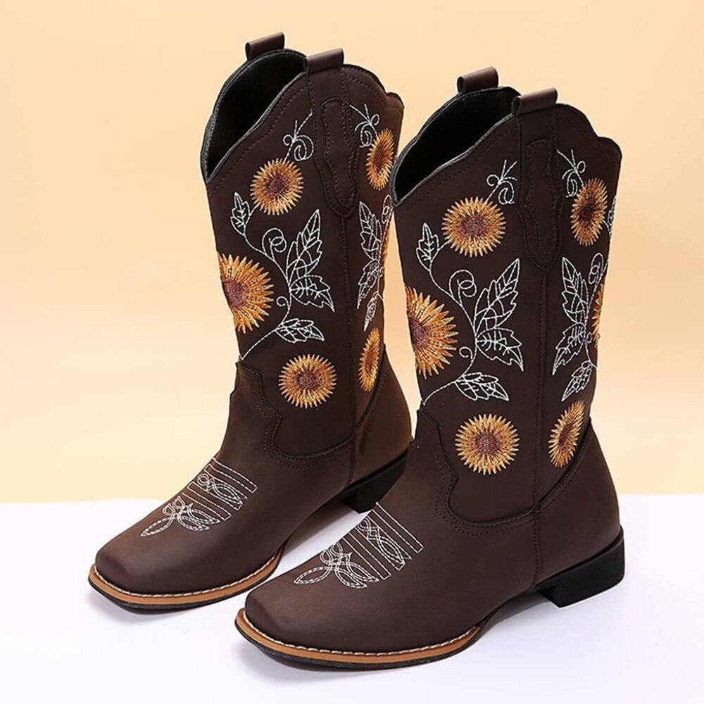Cowboy Boots for Women Cowgirl Western Boot Sunflower Embroidery Square Toe Heel - Picture 2 of 6